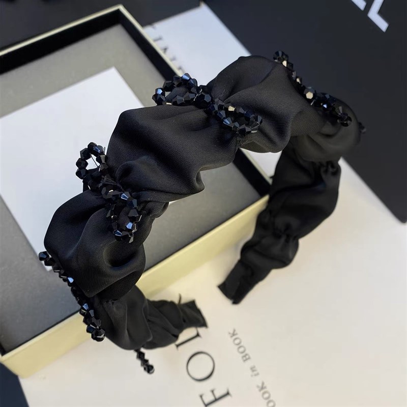 显脸小~黑色高级感泡泡袖褶皱高颅顶发箍黑水钻蝴蝶结闪压发头箍