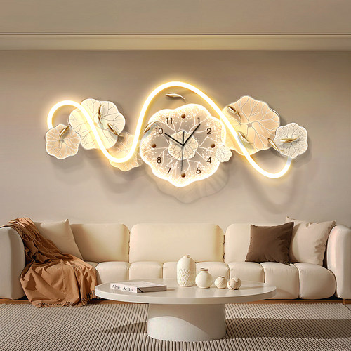 九鱼图客厅装饰画奶油风沙发背景墙钟表壁灯画高级感3d好寓意挂画