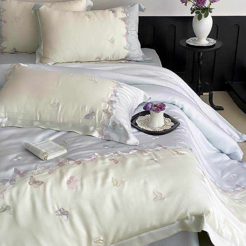 小清新夏季凉感LF兰精天丝四件套浪漫少女心蝴蝶刺绣拼接被套床品