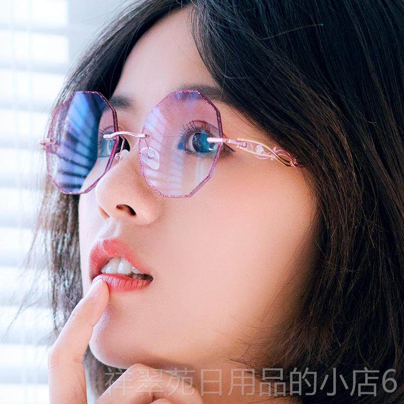高档配超轻多边形钻石边无框近视眼镜女辐韩版潮度切数有防蓝光射