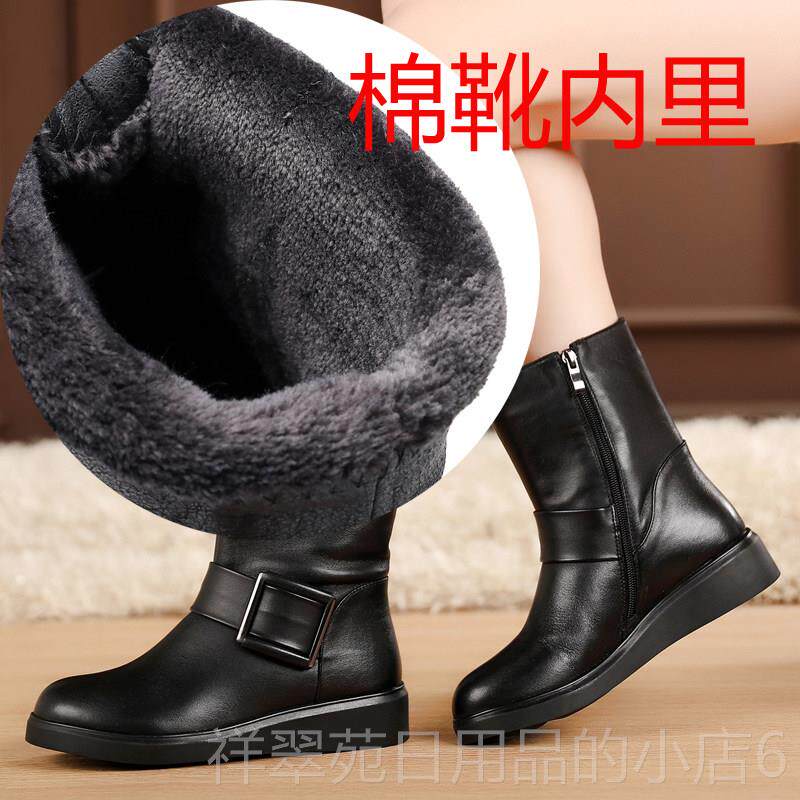高档秋冬女鞋平跟女靴真4皮靴子平底靴加绒棉靴女单大尺码中筒靴