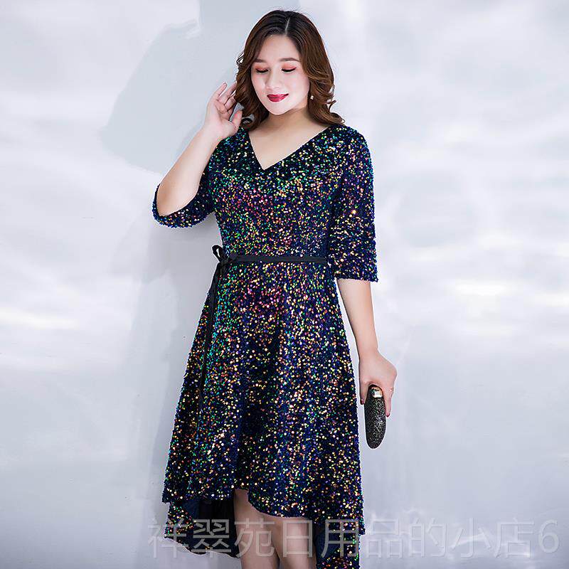 高档大码胖m晚礼服气高端V领m显瘦20斤宴会年0会主持质司仪连衣裙