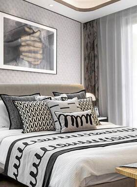 现代简约M灰色毛巾绣床旗搭毯靠垫轻奢民宿样板间软装床品多件套