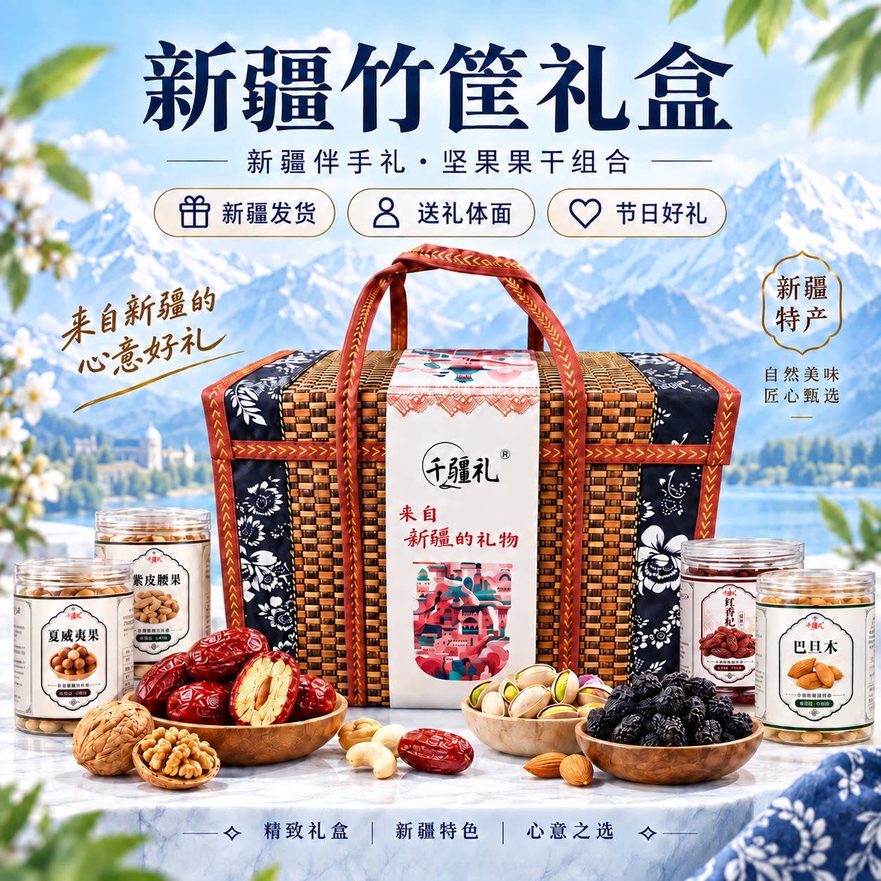 新疆直发竹筐礼盒坚果干果罐装