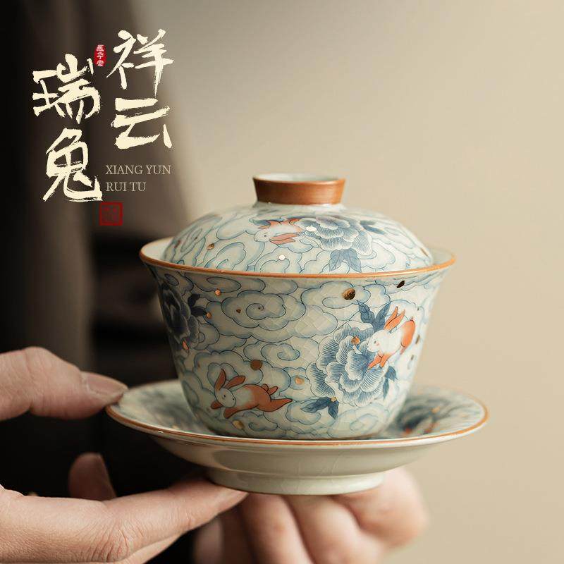 祥云瑞兔元宝三才盖碗开片可养汝窑泡茶碗家用茶具不烫手带盖茶杯,鲜花速递/花卉仿真/绿植园艺,割草机/草坪机,淘宝优惠券,粉丝福利购,淘宝优惠卷