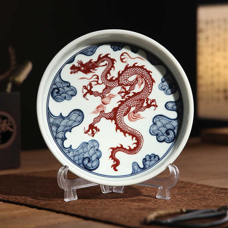 青花陶瓷壶承干泡盘圆形茶壶托茶盘盖碗托干泡台水果盘茶道收纳盘