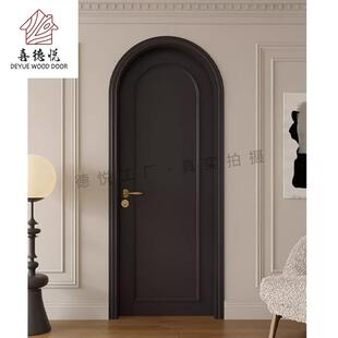 法式 复古风黑色卧室门烤漆房间实木门圆弧拱形平开推拉门隔音