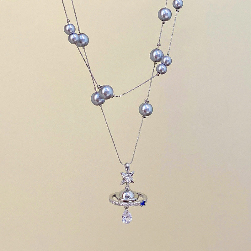 双层飞船吊坠真多麻灰施家珍珠项链女长款个性小众设计感叠戴项饰