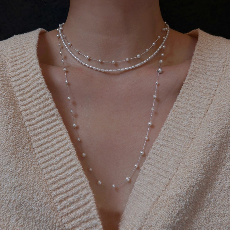 满天星叠戴珍珠项链长款女多层钛钢毛衣链轻奢小众高级感颈链饰品