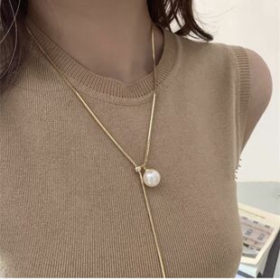 韩国设计师款简约风高级感可抽拉项链气质百搭短款珍珠毛衣链颈链