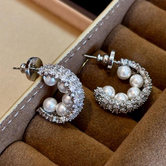 法式微镶锆石排钻银针C形耳钉女