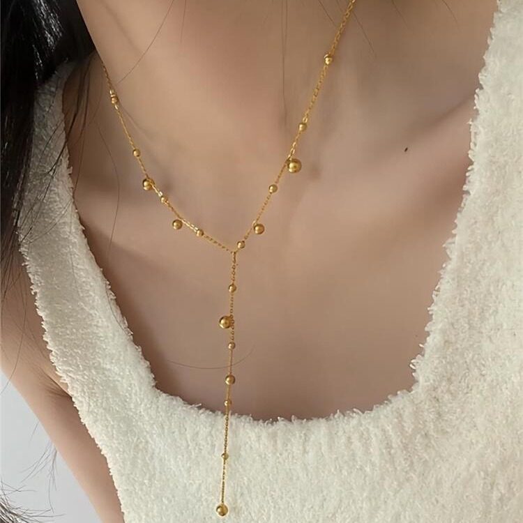 欧美简约Y字圆珠项链锁骨链设计