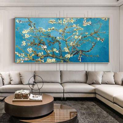 大芬村手绘油画梵高杏花横版油画客厅沙发挂画轻奢竖版玄关装饰画