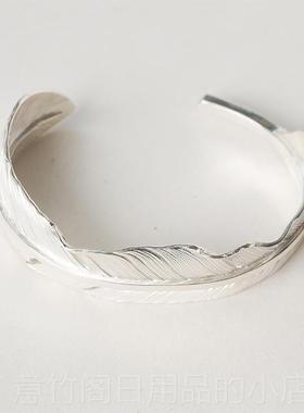正品屿原民族风手工錾刻银羽毛开创口复古偶手镯小众设计鹰纯羽手