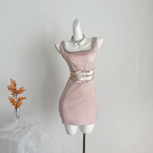 重工镶钻吊带裙新款连衣裙女富家千金穿搭蝴蝶结露腰生日小礼服裙