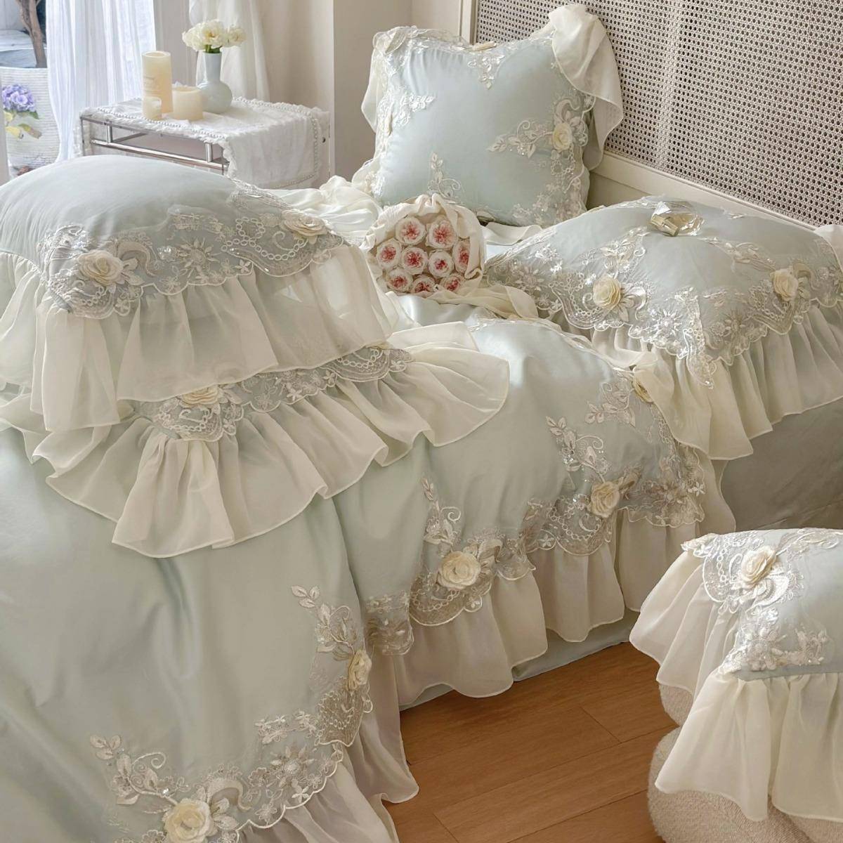 法式浮雕立体花蕾丝140支长绒棉亲肤四季款柔软裸睡四件套