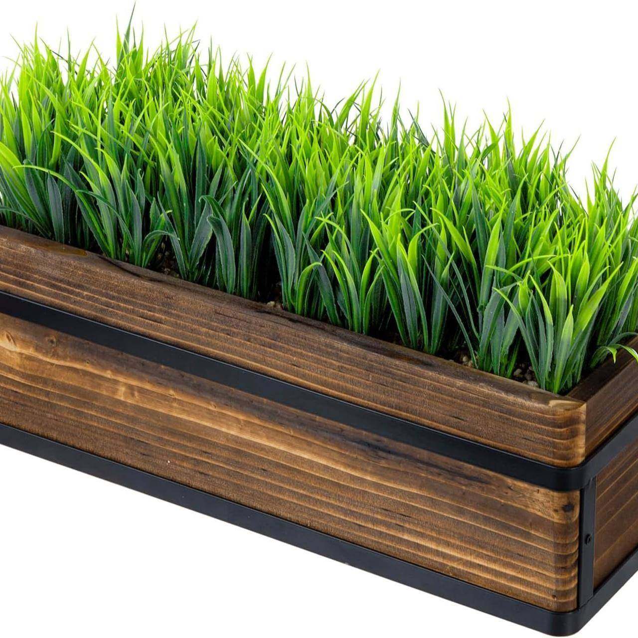 人造绿草植物乡村烧木花盆盒工业黑色金属装饰绿色桌面中心摆饰