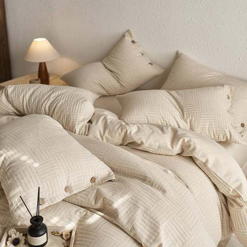 简约休闲床上用品棉麻提花四件套纯色亚麻扣子款床单被套四季通用