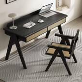 高档复古风北实木书桌椅写字台欧简式 约日藤编家用色现代黑办公桌