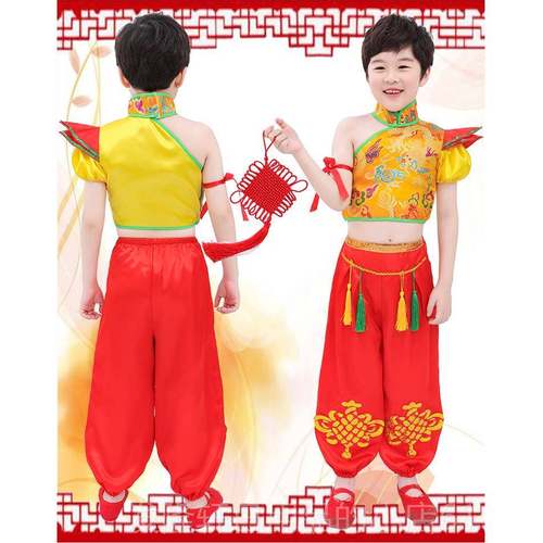 高档儿童盛世欢腰腾鼓服幼儿喜庆打秧鼓服女中国风男孩歌服民族演