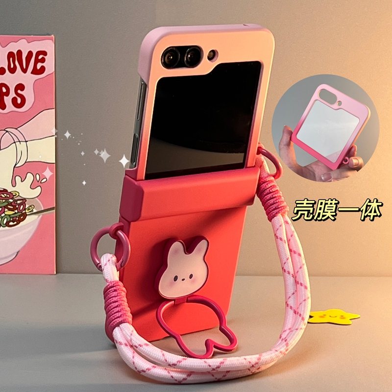 适用三星GalaxyZFlip6手机壳小折叠渐变zflip5壳膜一体钢化膜卡通手提斜跨铰链全包中轴保护兔兔支架可爱创意