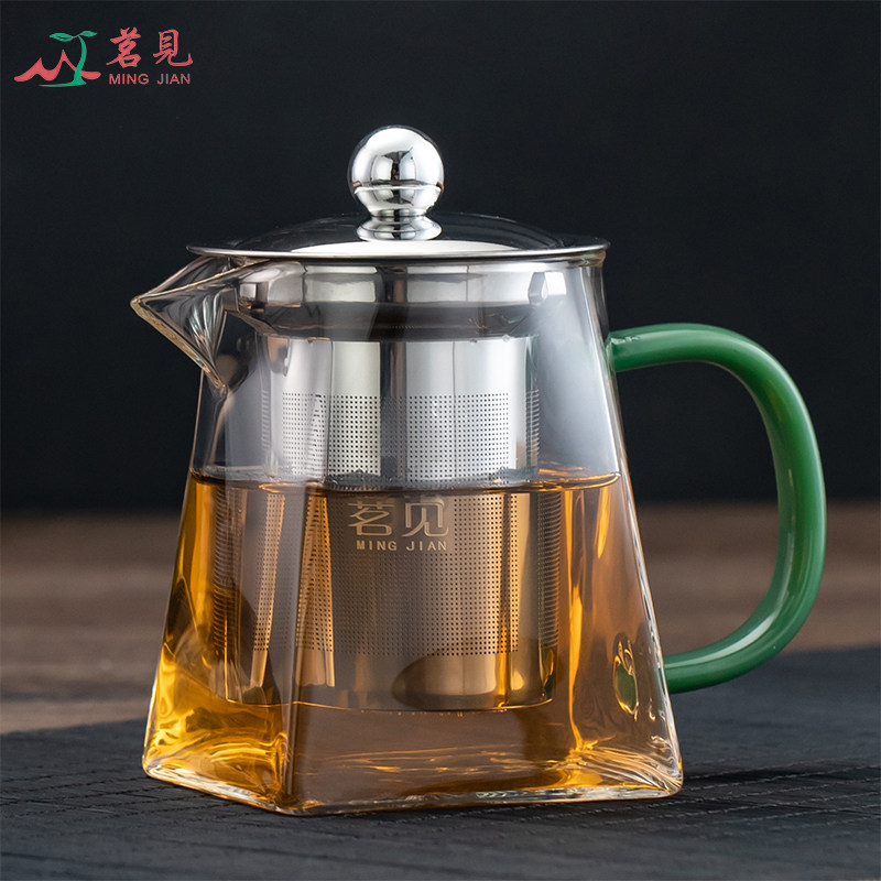 茗见加厚玻璃四方花茶壶不锈钢方形泡茶壶分茶器套装大号泡红茶壶