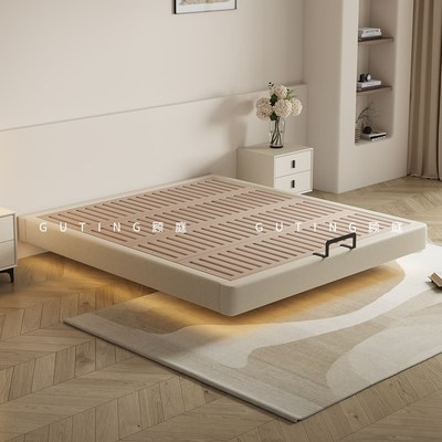 无床头悬浮床现代简约榉木排骨架床架子奶油风主卧双人齐边皮床