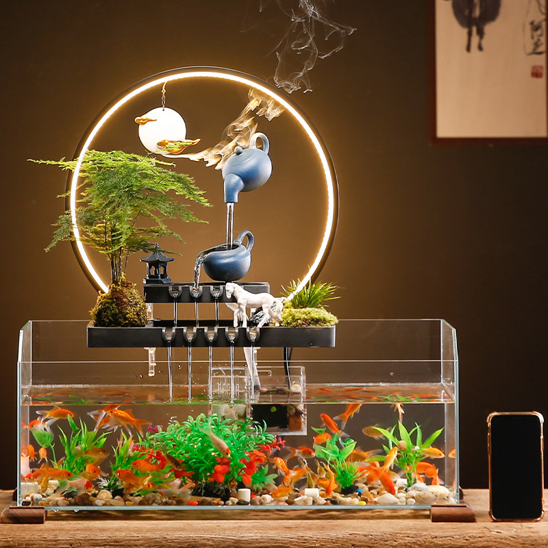 中式招财流水玻璃小鱼缸摆件家居客厅办公桌面循环水喷泉景观装饰,家居饰品,装饰摆件,淘宝优惠券,粉丝福利购,淘宝优惠卷