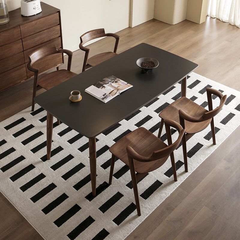 联邦中古复古风黑胡桃木岩板餐桌实木桌子小户型长方形餐桌椅组合