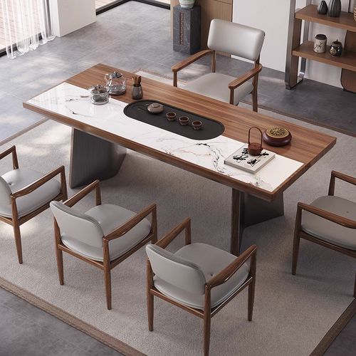 意式极简办公室泡茶桌组合岩板实木双拼茶桌现代高端别墅大板茶台