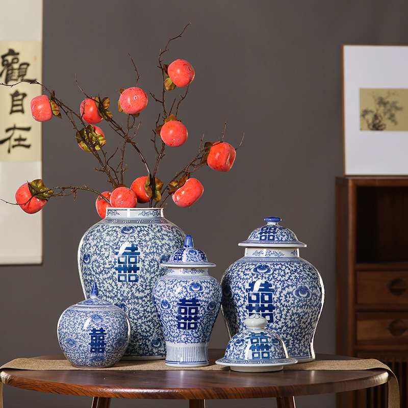 青花储物罐摆件家居客厅青花瓷花瓶装饰品插花瓷器中式陶瓷摆件