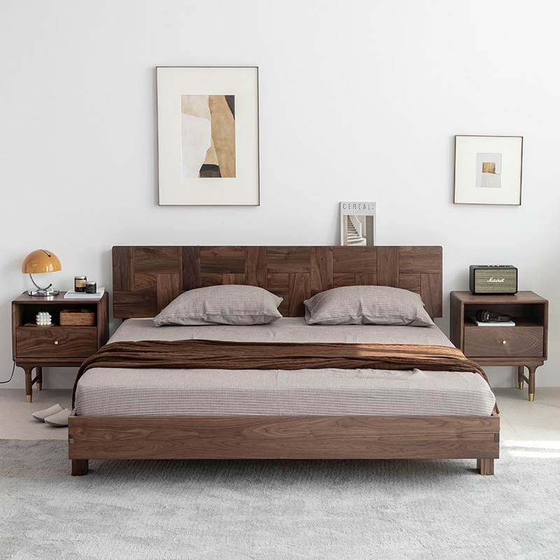 现代简约黑胡桃木床实木床双人床主卧1.5米1.8米大床婚床卧室家具