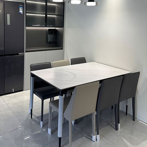 雪山白岩板餐桌 现代简约家用小户型长方形饭桌极简岩板餐桌椅子