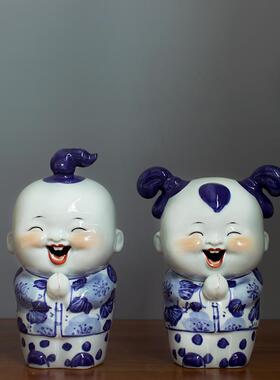 景德镇陶瓷器青花瓷中式人物摆件一对客厅书房书架摆设结婚礼品