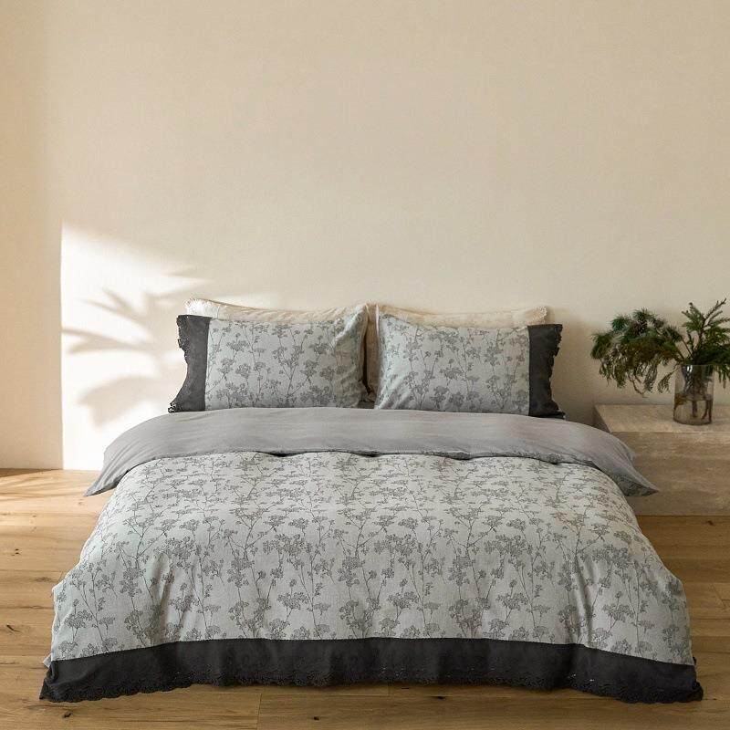 中式复古轻奢棉麻刺绣花边款微磨毛秋冬保暖四件套被套床单床品