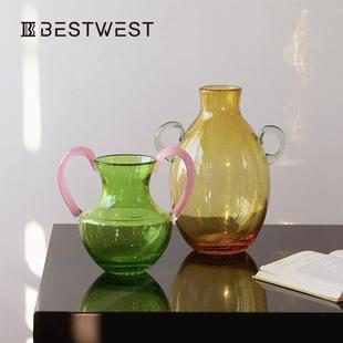 博西家居新款琥珀色双耳提手玻璃花瓶清新家居设计师小众实用水培