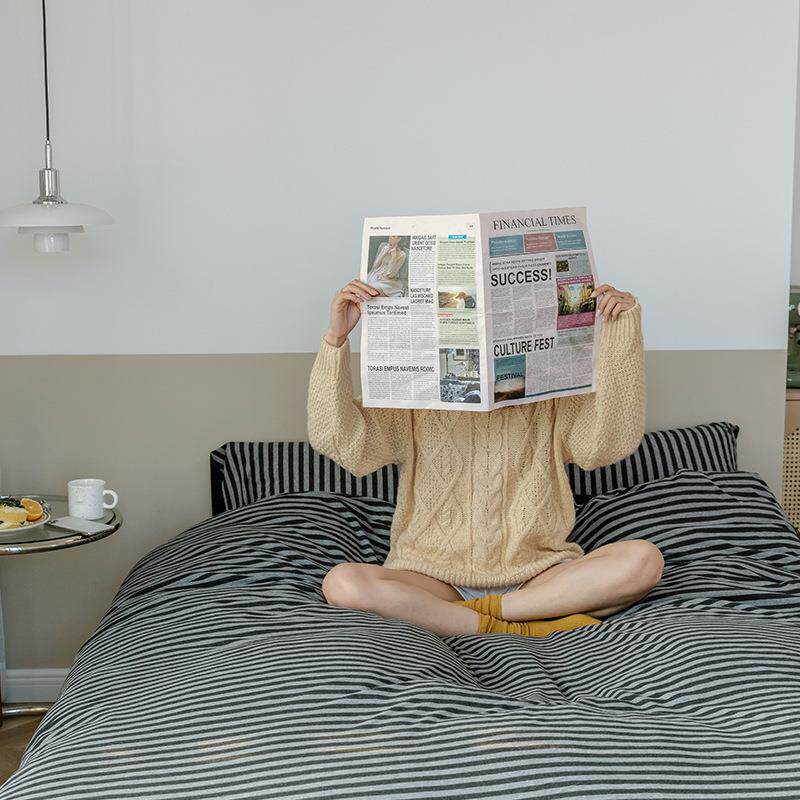 天竺棉裸睡全棉四件套 简约条纹针织棉被套床笠纯棉床单床上用品