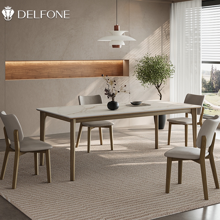 德利丰实木岩板餐桌小户型长方形现代简约中古风白蜡木胡桃色饭桌