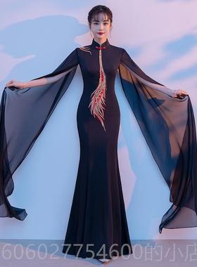 舞蓝色走旗袍礼服裙女鱼尾高端水袖古筝表国演服装中LF-01384秀风