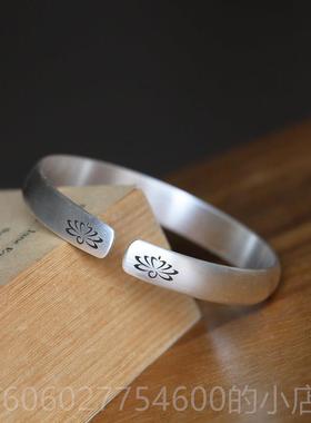 手999纯银工砂实磨心原创古文艺荷花手镯 可WVE刻字定复制图案送