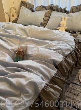 少女心主洗风白色床YFP公上四件套网红灰色床单水棉荷花边被套叶