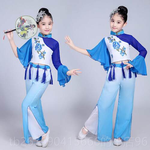 高档童古典舞演出服中国秧风女童清新淡雅扇子伞歌舞民族舞儿蹈表