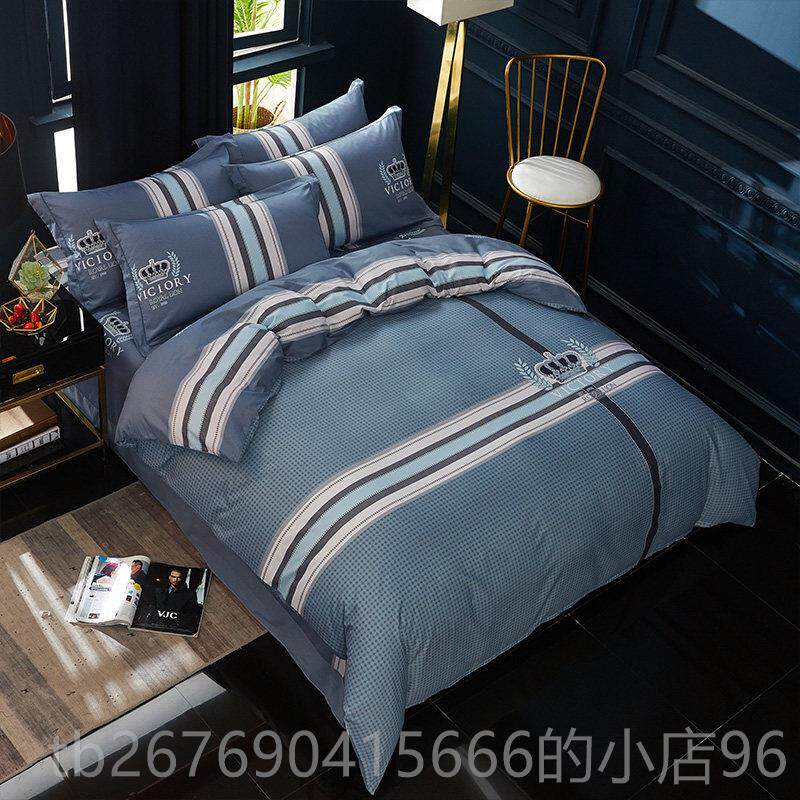 高档床纯全棉风斜纹英伦四件套条格欧美被套m笠1.8米1.52床品秋冬