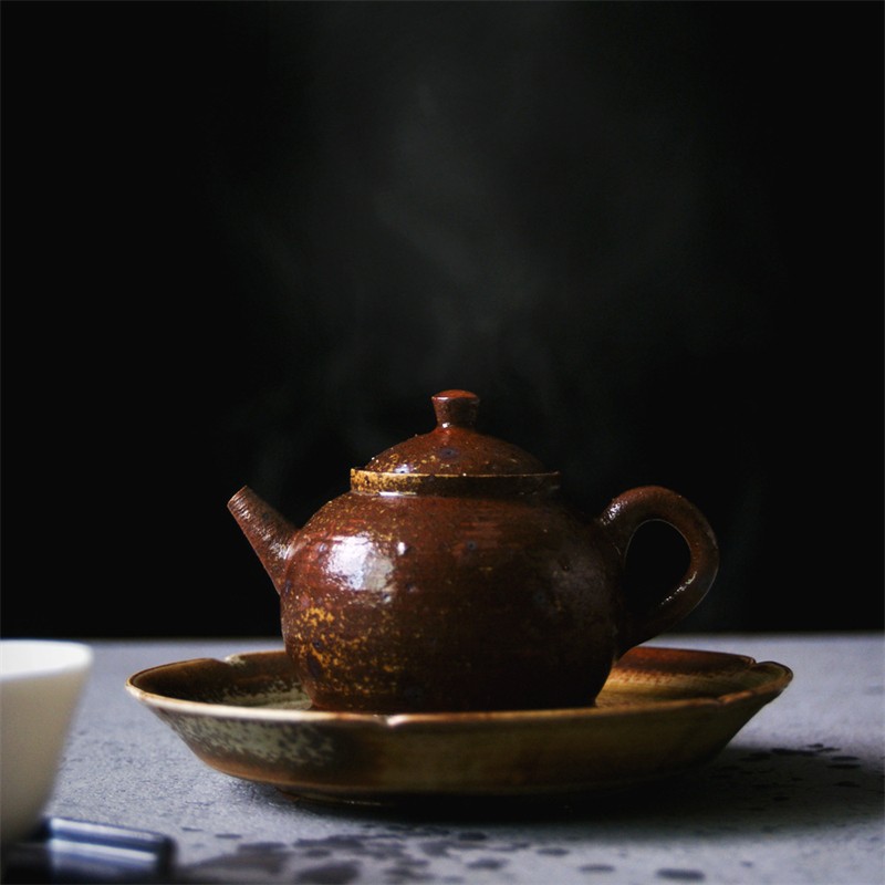 柴烧色花口壶承复古葵口手工窑变陶瓷茶具配件干泡茶台可养小茶盘