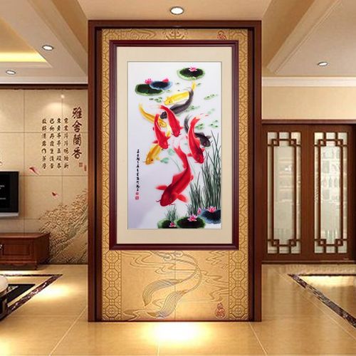 苏绣装框竖款成品 玄关装饰画 年年有余 连年有鱼 真丝底料绣线