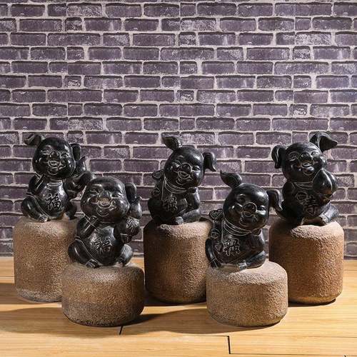 石雕花摆件件青石小GVX猪中式仿古做旧室客内厅室外庭院石头摆盆