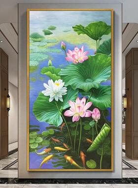 手绘玄九鱼图油画SN102手工中式关装饰画过荷新花竖版道走廊挂画