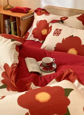 新婚水洗棉上件套PUZ结婚床品婚庆喜被四套单婚嫁大红床色床床笠