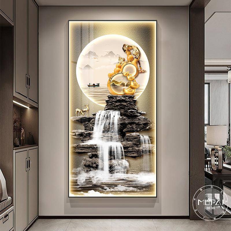流水财入户正XLA对门玄生关装饰廊画高端山水壁画画客厅走过道挂