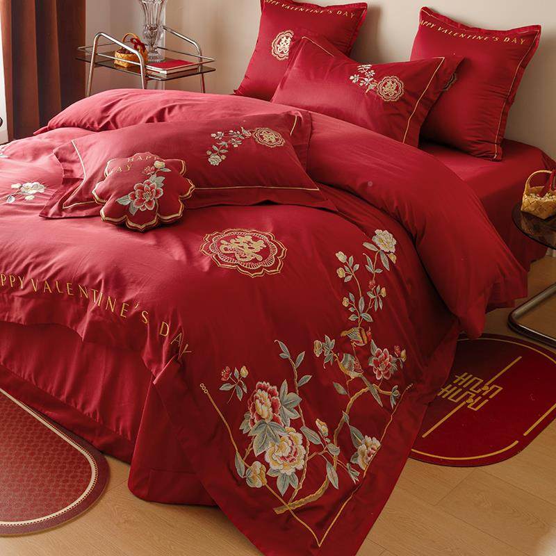 10支0刺绣婚嫁古风古韵全棉四件套纯苏结棉新中JSQ式立体流婚大红